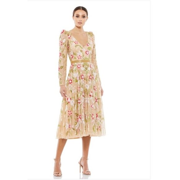 Mac Duggal Dress Gown Floral Womens Size 6 Floral Beaded Sequin V Neck 5415 $598